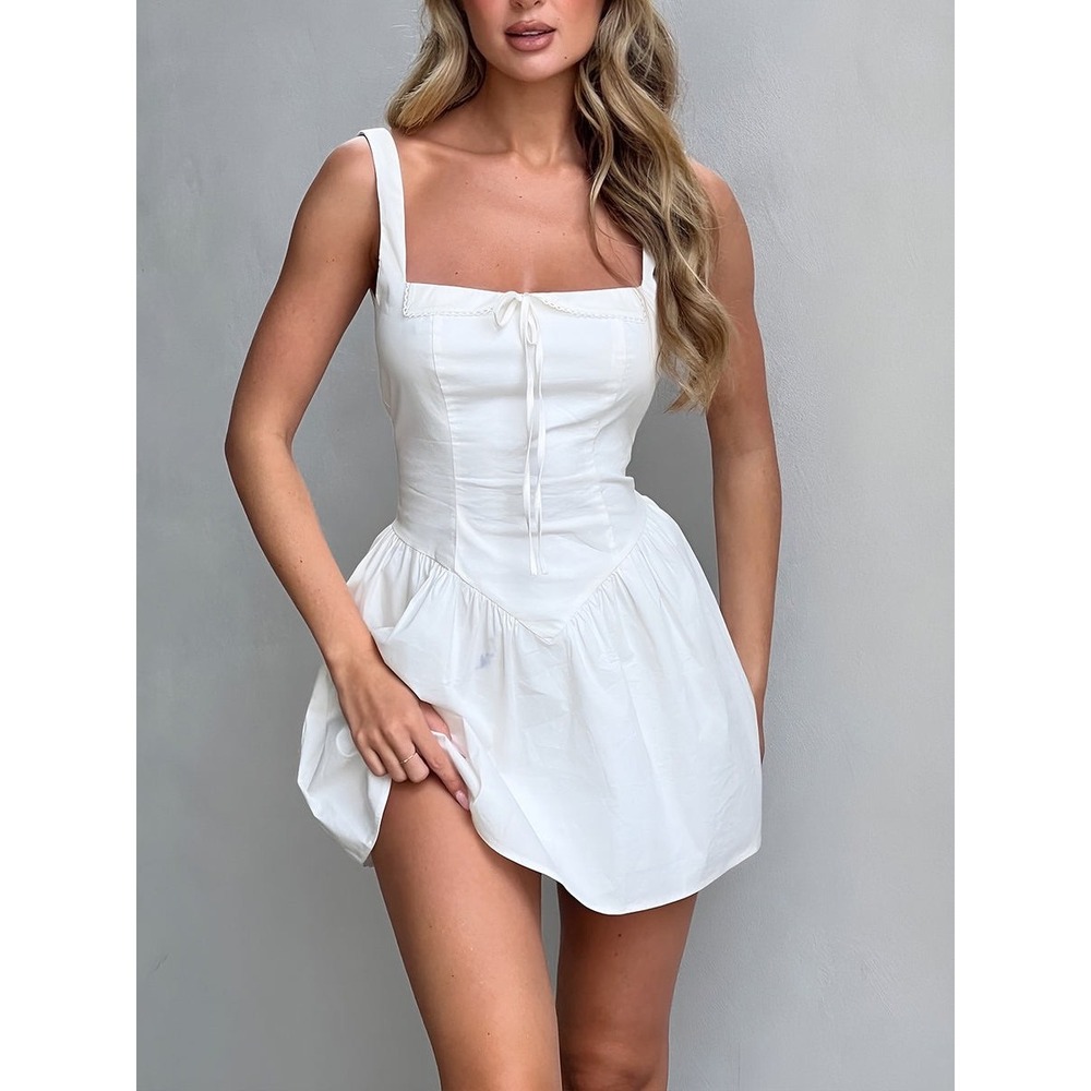 Commense White Mini Dress Sweetie Bow Decor Cami Short Sundress Summer Dress